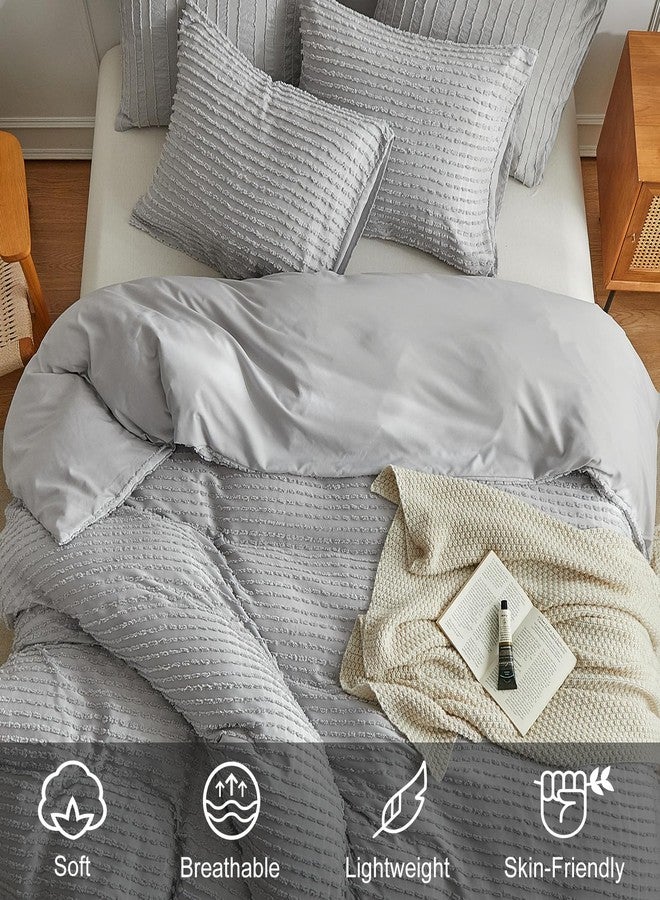WARMDERN Boho Duvet Cover Set Queen Size,Grey Striped Duvet Cover Microfiber Bedding Set,3PCS Ultra Soft Breathable Lightweight Tuft Texture Pattern Duvet Covers with Zipper Closure(Grey,Queen) - Image 3