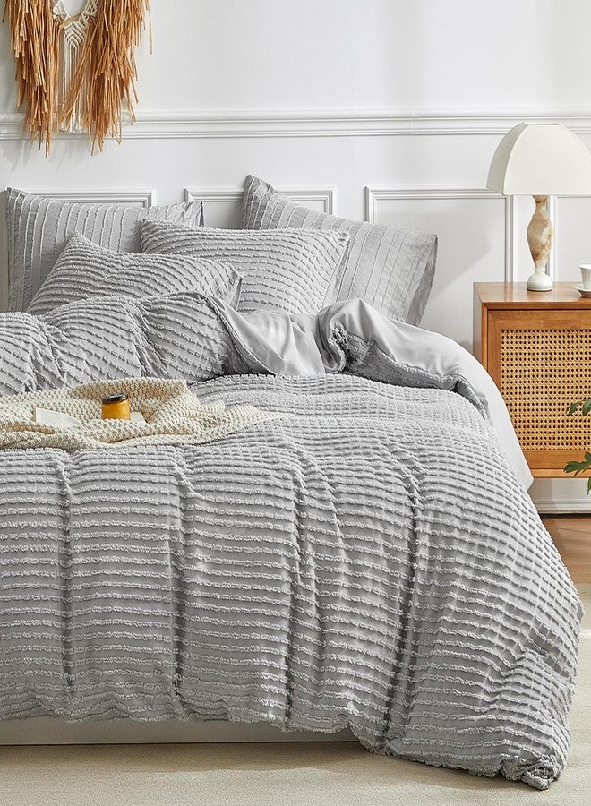 WARMDERN Boho Duvet Cover Set Queen Size,Grey Striped Duvet Cover Microfiber Bedding Set,3PCS Ultra Soft Breathable Lightweight Tuft Texture Pattern Duvet Covers with Zipper Closure(Grey,Queen) - Image 1