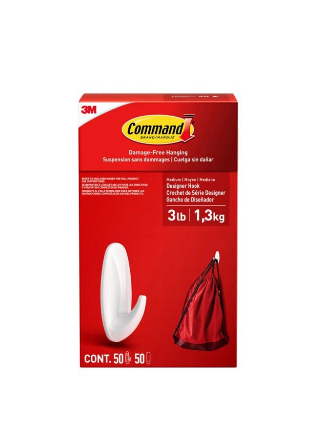 3M Command General Purpose Hooks, Designer, 3 lb. Capacity, White, 50/Carton (MMM17081CABPK),Medium - Image 1