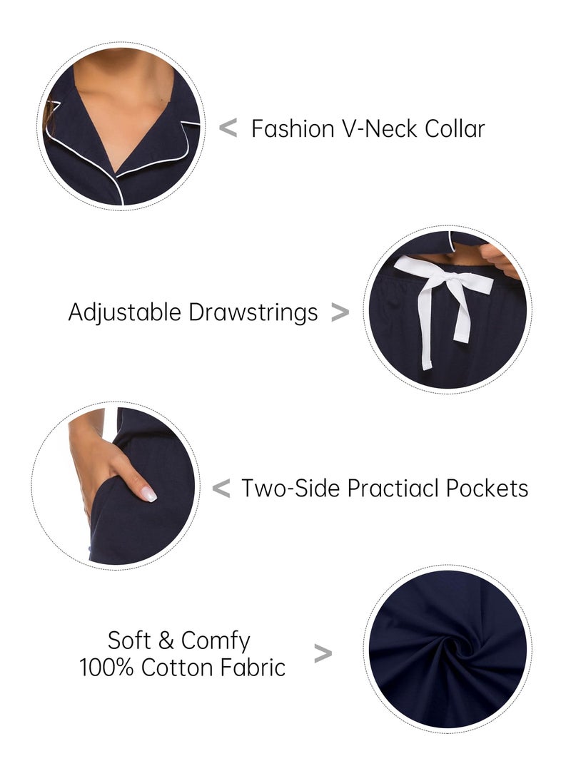 COLORFULLEAF Womens 100% Cotton Pajamas Set Short Sleeve Sleepwear Button Down Pjs Soft 2 Piece Lounge Set with Pockets S-XXL(Navy Blue, Large) - Image 5