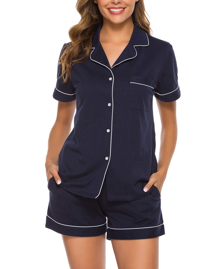 COLORFULLEAF Womens 100% Cotton Pajamas Set Short Sleeve Sleepwear Button Down Pjs Soft 2 Piece Lounge Set with Pockets S-XXL(Navy Blue, Large) - Image 1