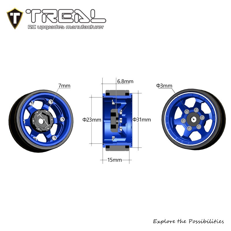 TREAL SCX24 1.0" Beadlock Wheels (4P) Scale-Look Concave Six Spoke Rim for Axial SCX24 Crawler - Type D (Bronze) - Image 3