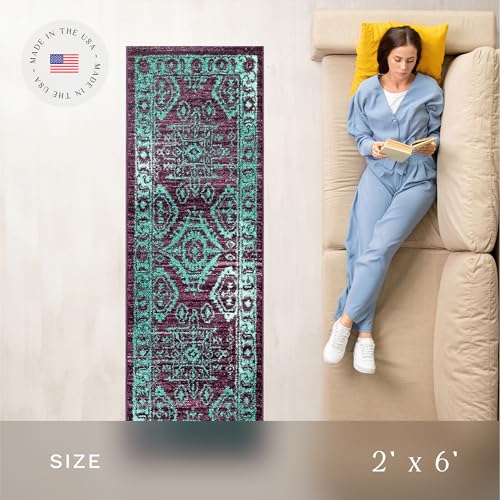 Maples Rugs Georgina Traditional Runner Rug - Non Slip Hallway Entry Rugs [Made in USA], Winberry/Teal, 2 x 6 - Image 3