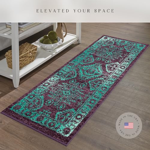 Maples Rugs Georgina Traditional Runner Rug - Non Slip Hallway Entry Rugs [Made in USA], Winberry/Teal, 2 x 6 - Image 2