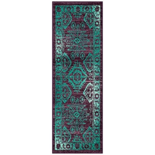 Maples Rugs Georgina Traditional Runner Rug - Non Slip Hallway Entry Rugs [Made in USA], Winberry/Teal, 2 x 6 - Image 1