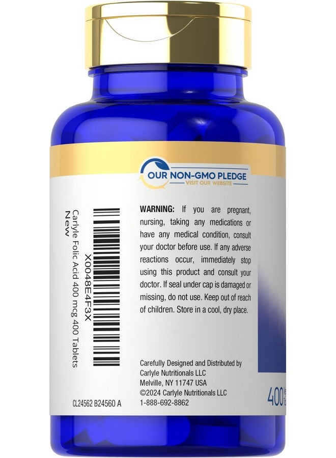 Carlyle Folic Acid 400 mcg | 400 Tablets | Vegetarian, Non-GMO, Gluten Free - Image 3