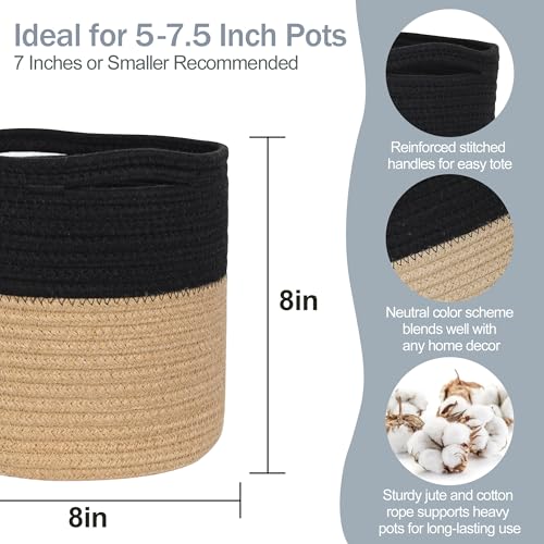 MEGASKET Wicker Plant Basket Indoor, 8"x8"x8" Jute Spliced Cotton Rope Basket Planter up to 7" Pot, Modern Woven Flower Tree Pots Cover, Small Floor Indoor Planters, Home Decor Storage Bin - Image 2