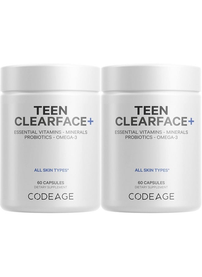 Codeage - Codeage Teen Clearface Adolescent Face, Skin & Pimples, Vitamins A, C, D3, E, Pantothenic Acid, Niacin, Zinc Supplement Teenagers, Probiotics, L-Lysine, Omega-3, Oily Skin, Pores, Spots - 2 Pack - Image 1
