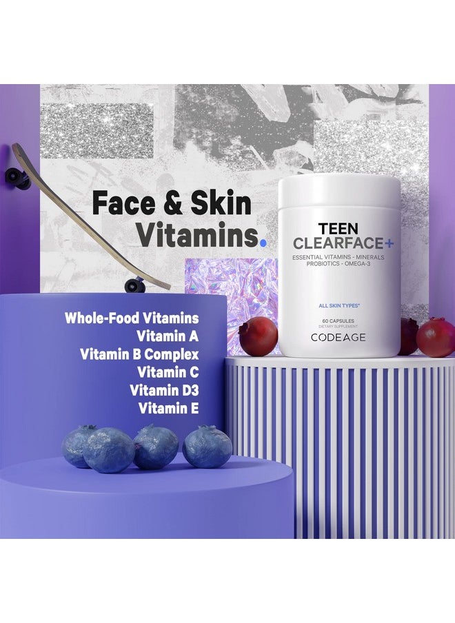 Codeage - Codeage Teen Clearface Adolescent Face, Skin & Pimples, Vitamins A, C, D3, E, Pantothenic Acid, Niacin, Zinc Supplement Teenagers, Probiotics, L-Lysine, Omega-3, Oily Skin, Pores, Spots - 2 Pack - Image 1