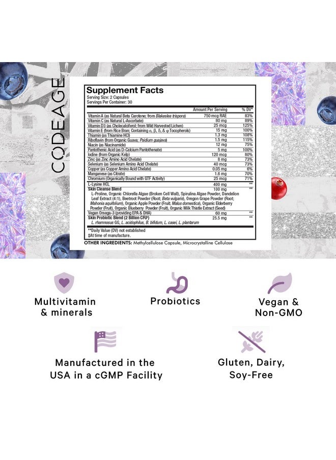 Codeage - Codeage Teen Clearface Adolescent Face, Skin & Pimples, Vitamins A, C, D3, E, Pantothenic Acid, Niacin, Zinc Supplement Teenagers, Probiotics, L-Lysine, Omega-3, Oily Skin, Pores, Spots - 2 Pack - Image 1
