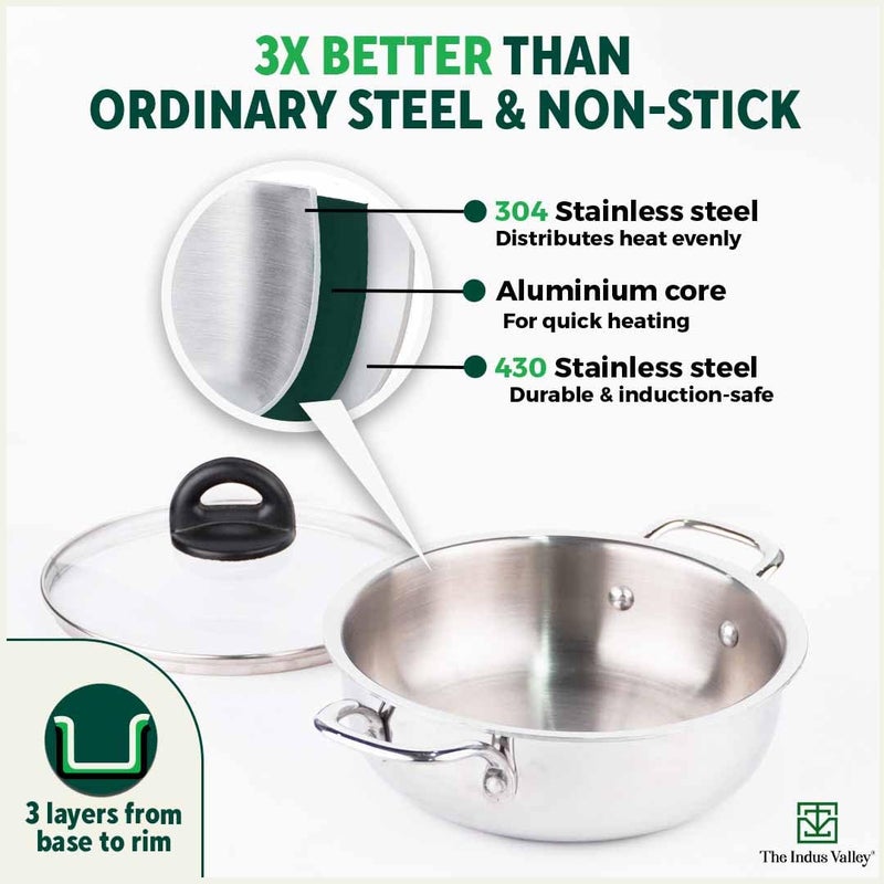 The Indus Valley The Indus Valley Triply Stainless Steel Deep Kadai with Glass Lid 222cm87 inch 15Ltr 138kg Induction friendly Nonstick 3Layer Body 100 Pure ToxinfreeSilver  - Image 5