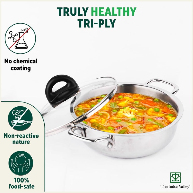 The Indus Valley The Indus Valley Triply Stainless Steel Deep Kadai with Glass Lid 222cm87 inch 15Ltr 138kg Induction friendly Nonstick 3Layer Body 100 Pure ToxinfreeSilver  - Image 2