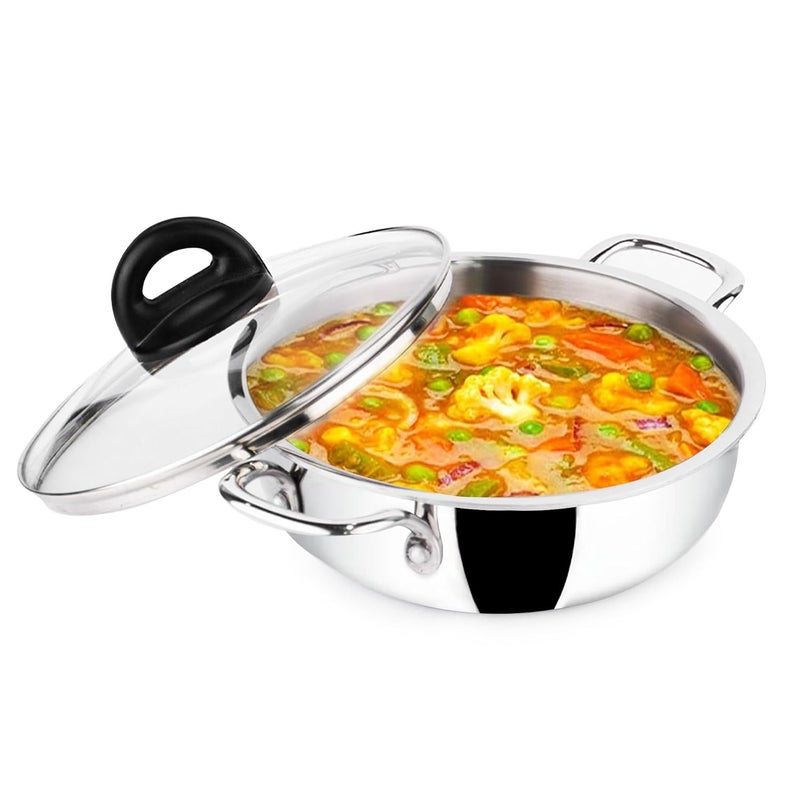 The Indus Valley The Indus Valley Triply Stainless Steel Deep Kadai with Glass Lid 222cm87 inch 15Ltr 138kg Induction friendly Nonstick 3Layer Body 100 Pure ToxinfreeSilver  - Image 1
