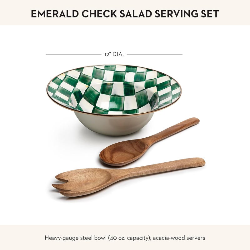 mackenzie childs مجموعة تقديم السلطة من ماكنزي تشايلدز من المينا - وعاء مينا وملاعق خشبية لتقديم السلطة - مجموعة مطبخ زخرفية باللونين الأخضر والأبيض بنمط الماس الزمردي - Image 4