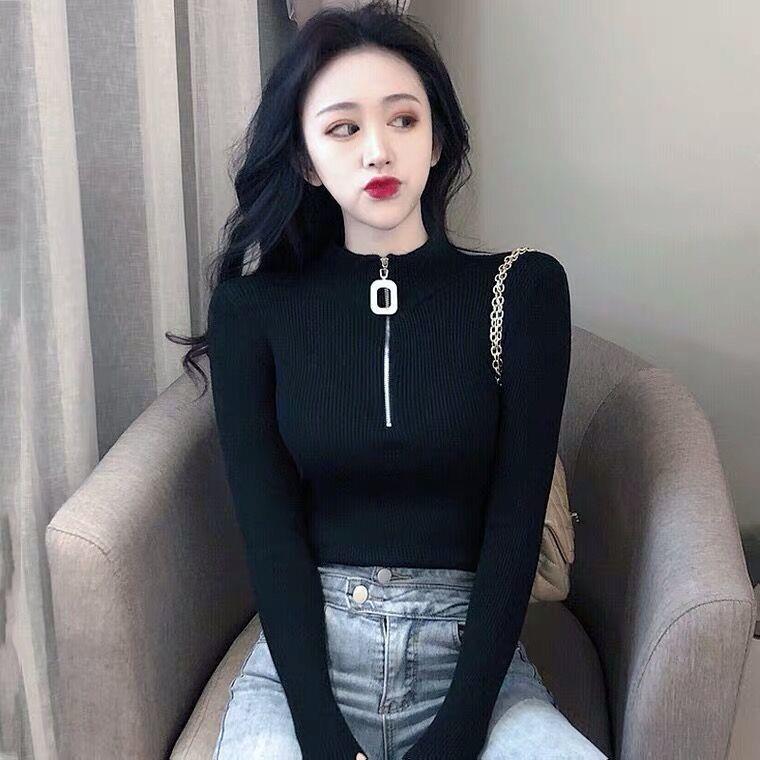 Undershirt women's inner wear autumn and winter versatile long-sleeved T-shirt women's 2023 new slim zipper open collar student top - Image 4