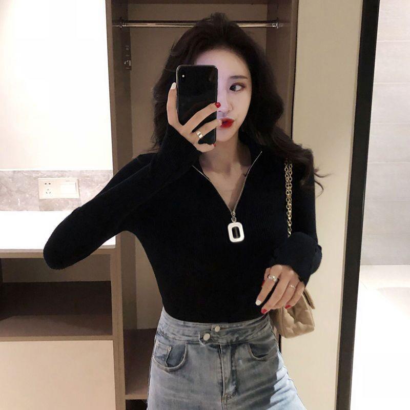 Undershirt women's inner wear autumn and winter versatile long-sleeved T-shirt women's 2023 new slim zipper open collar student top - Image 3