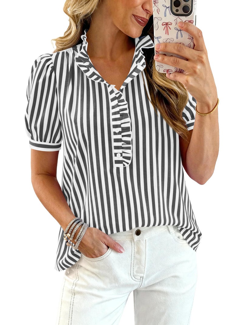 MASCOMODA Womens Puff Short Sleeve Summer Tops Striped Plaid Ruffle V Neck Button Down Shirts Business Casual Work Blouses(Striped Black,XX-Large) - Image 1
