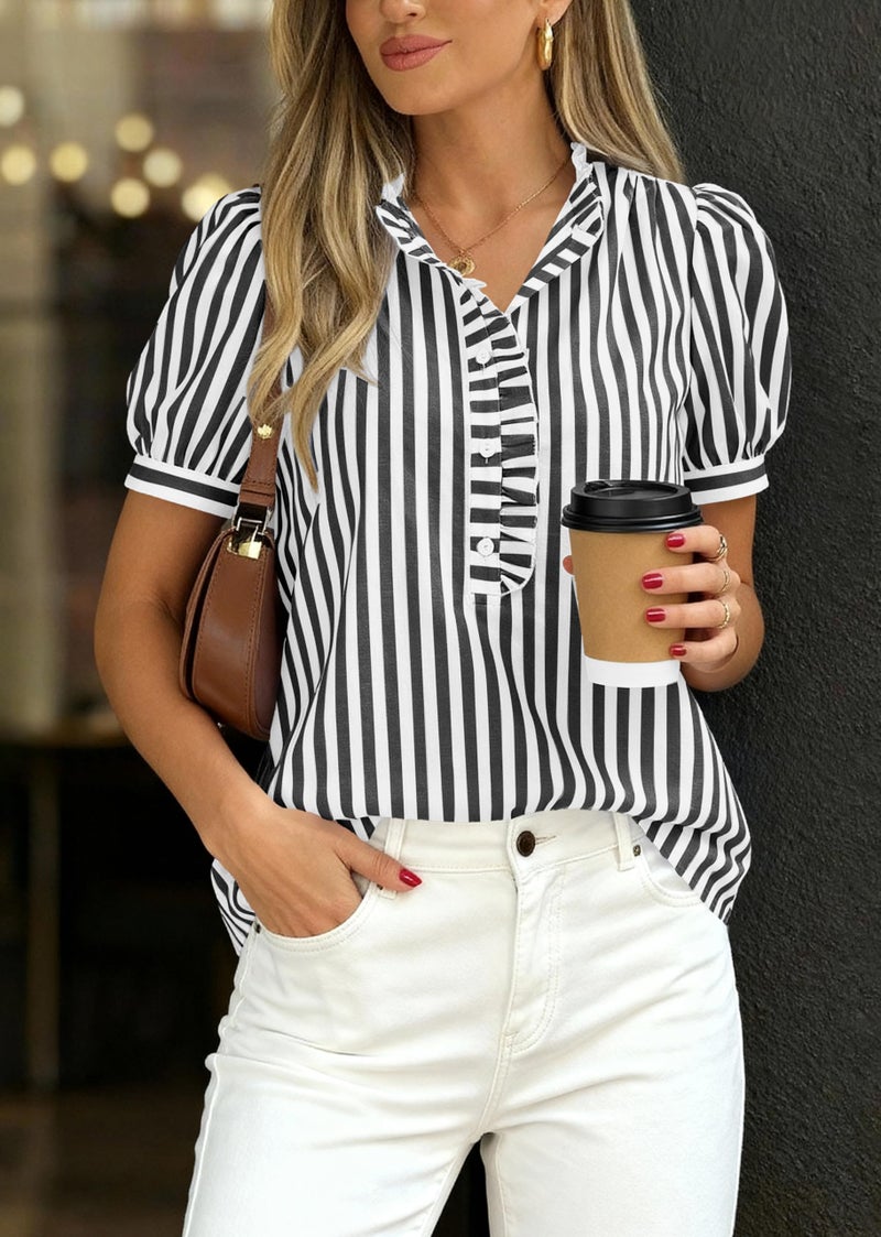 MASCOMODA Womens Puff Short Sleeve Summer Tops Striped Plaid Ruffle V Neck Button Down Shirts Business Casual Work Blouses(Striped Black,XX-Large) - Image 3