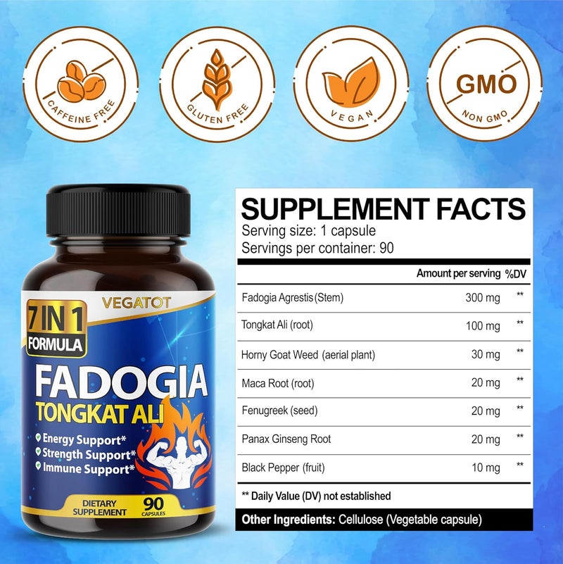 VEGATOT 7 in 1 High Strength Fadogia Concentrated with Tongkat Ali Maca Root Fenugreek Ginseng Boost Energy Stamina 3Month Supply 90 Count Pack of 1 - Image 2