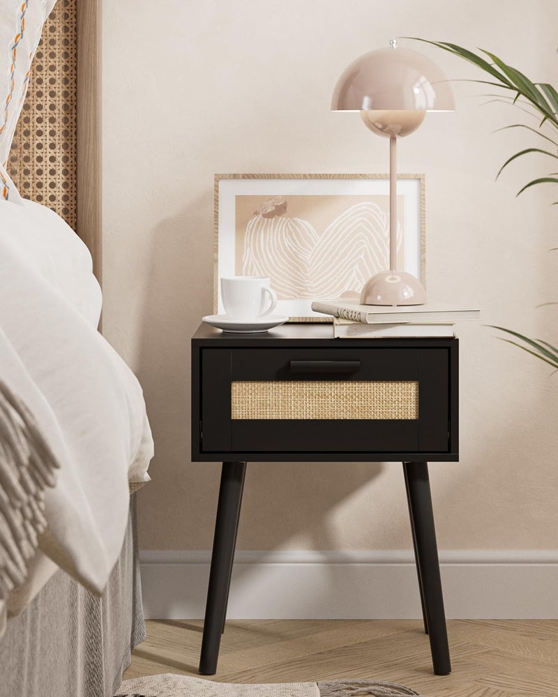 Aienvey Bedroom Nightstands Wooden Night Stands with Rattan Weaving Drawer Home Bedside End Table for Bedroom Storage (Bohemian-Black) - Image 5