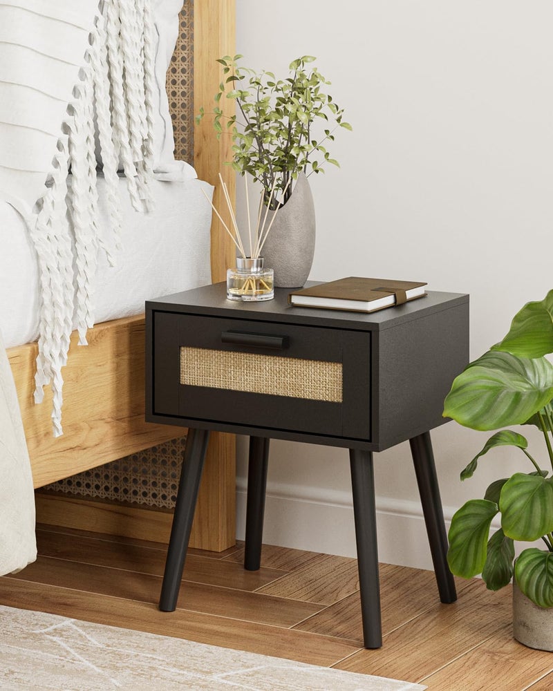 Aienvey Bedroom Nightstands Wooden Night Stands with Rattan Weaving Drawer Home Bedside End Table for Bedroom Storage (Bohemian-Black) - Image 3