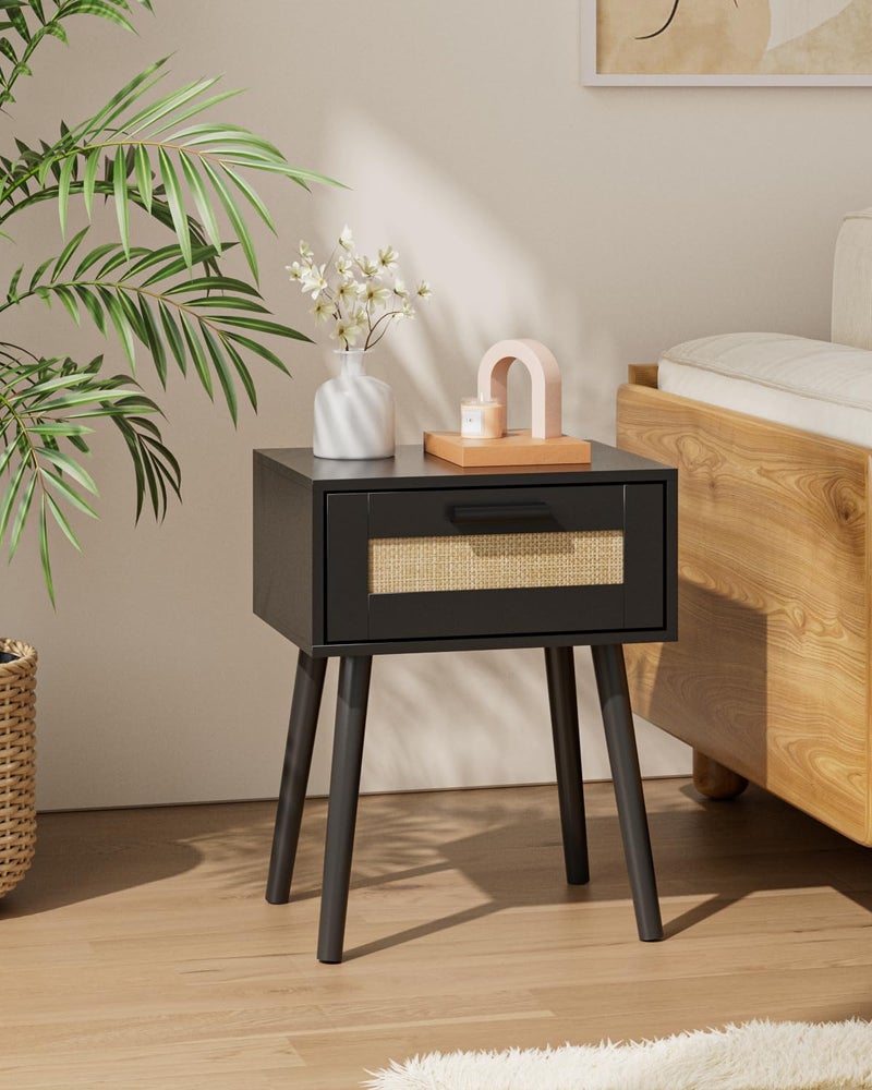 Aienvey Bedroom Nightstands Wooden Night Stands with Rattan Weaving Drawer Home Bedside End Table for Bedroom Storage (Bohemian-Black) - Image 1