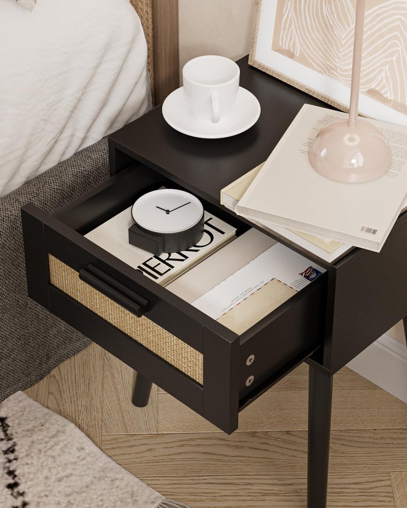 Aienvey Bedroom Nightstands Wooden Night Stands with Rattan Weaving Drawer Home Bedside End Table for Bedroom Storage (Bohemian-Black) - Image 4