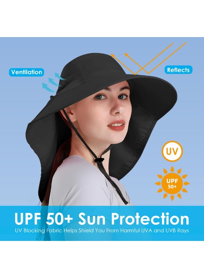 Women's UV Protection Sun Hat, Foldable Waterproof Wide Brim Bucket Hat with Neck Flap - Black - Image 3