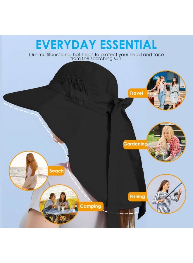 Women's UV Protection Sun Hat, Foldable Waterproof Wide Brim Bucket Hat with Neck Flap - Black - Image 5