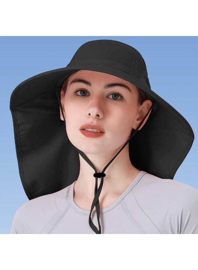 Women's UV Protection Sun Hat, Foldable Waterproof Wide Brim Bucket Hat with Neck Flap - Black - Image 2
