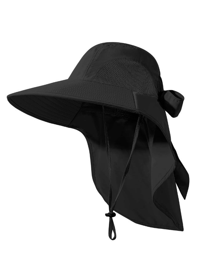 Women's UV Protection Sun Hat, Foldable Waterproof Wide Brim Bucket Hat with Neck Flap - Black - Image 1