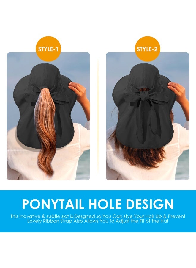 Women's UV Protection Sun Hat, Foldable Waterproof Wide Brim Bucket Hat with Neck Flap - Black - Image 4