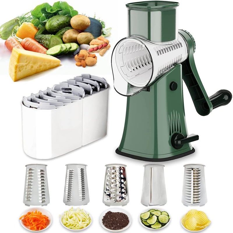 Manual Rotary Cheese Grater Grinder 5 Interchangeable Blades Round Mandoline Vegetable Slicer Drum Shredder Nut Chopper with Strong Suction Base