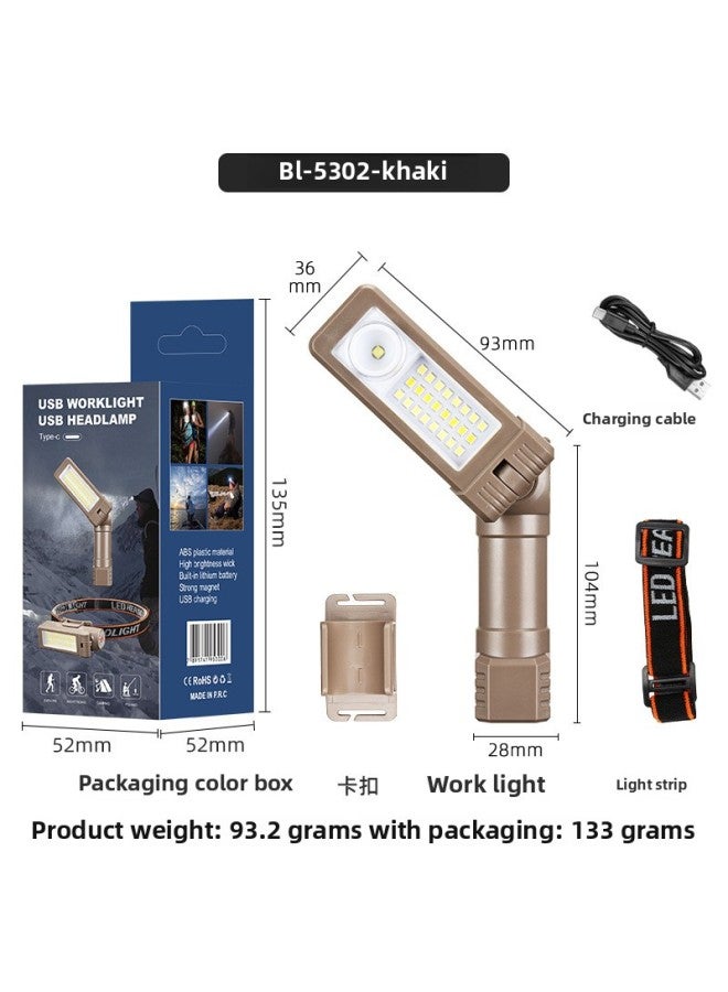 Loquat USB Multi-function COB Magnet Auto Repair Work Light LED Red Warning Light Strong Flashlight Maintenance Work Light-Color:Bl-5302-khaki - Image 5