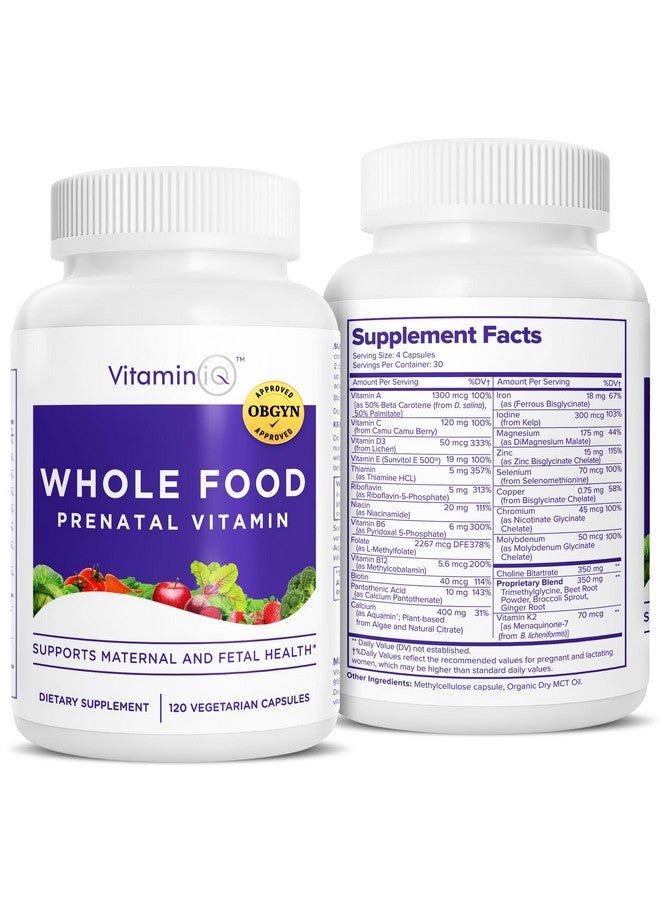 VitaminIQ Whole Food Prenatal Vitamins (120 Capsules) Natural Support for Maternal and Fetal Health, Prenatal Multivitamin for Women with Choline, B Vitamins and More, Vegan, No Soy, Gluten or Dairy - Image 1