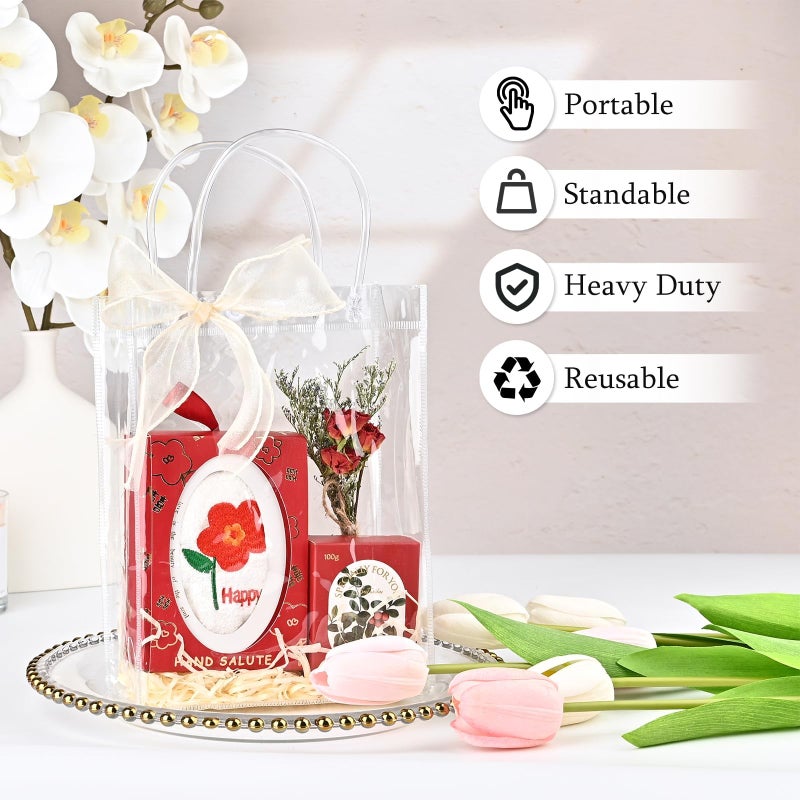 Ohuimrt 50 PCS Clear Plastic Gift Bags with Handles, 9.1 x 6.7 x 2.8 Inches Reusable Party Favor Bags with Ribbon Transparent Gift Wrap Bags Bulk for Weddings Birthdays - Image 4