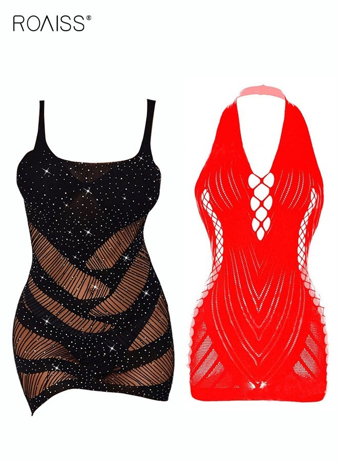 roaiss Two Piece of Women Mesh Bodysuit Set Lingerie for Ladies Wife Girlfriend Hollow Out Design Rhinestone Studded Mesh Dress Cut Out Halter Dress - Image 1