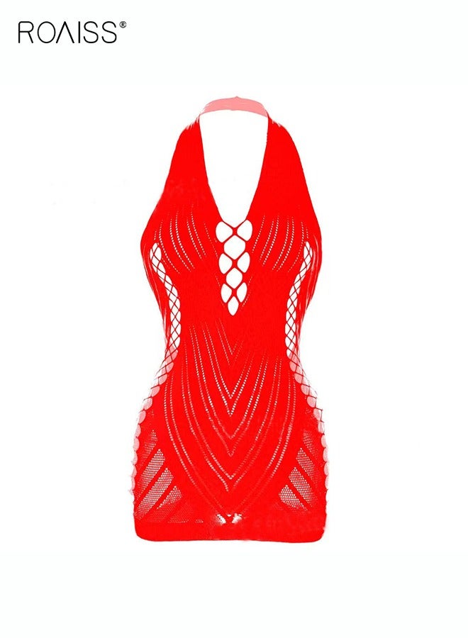 roaiss Two Piece of Women Mesh Bodysuit Set Lingerie for Ladies Wife Girlfriend Hollow Out Design Rhinestone Studded Mesh Dress Cut Out Halter Dress - Image 2