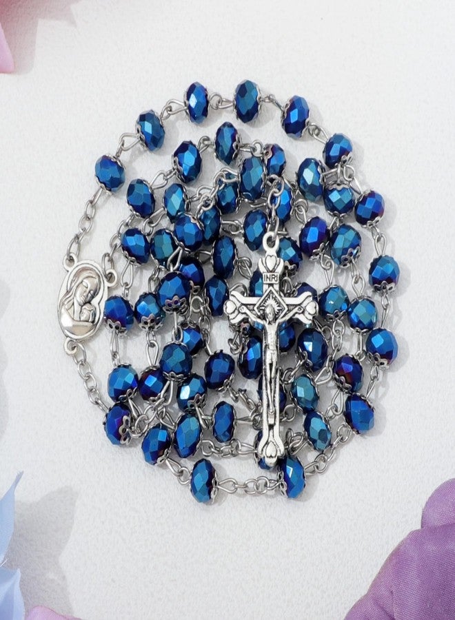 Aoxmas Handmade Catholic Rosary Necklace Crystal Beads Beaded Crucifix Necklace With Holy Mary Oval Medal and Silvery Metal Cross for Women Religious Gift - Image 3