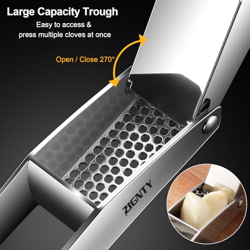 ZIGNTY Garlic Press Stainless Steel，Premium Garlic Mincer Tool，No Need to Peel Garlic Ginger Crusher & Masher Easy Squeeze Large Trough Ergonomic Handle，Rust Proof，Dishwasher Safe (5 Years Warranty) - Image 5