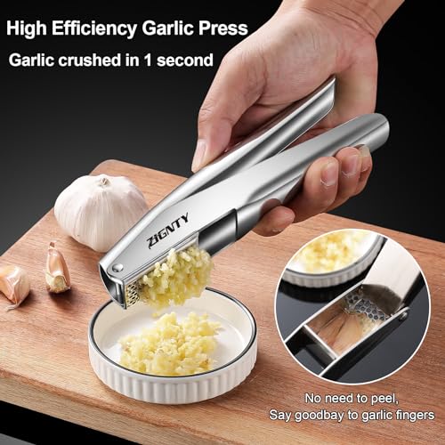 ZIGNTY Garlic Press Stainless Steel，Premium Garlic Mincer Tool，No Need to Peel Garlic Ginger Crusher & Masher Easy Squeeze Large Trough Ergonomic Handle，Rust Proof，Dishwasher Safe (5 Years Warranty) - Image 3