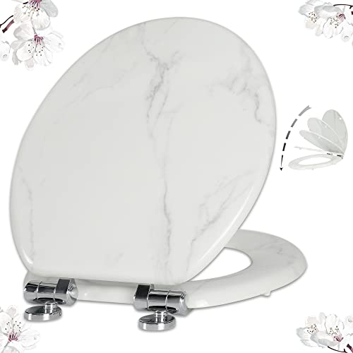 Angel Shield Marble Toilet Seat Durable Molded Wood with Quiet Close,Easy Clean，Quick-Release Hinges (Round,White Marble) - Image 1