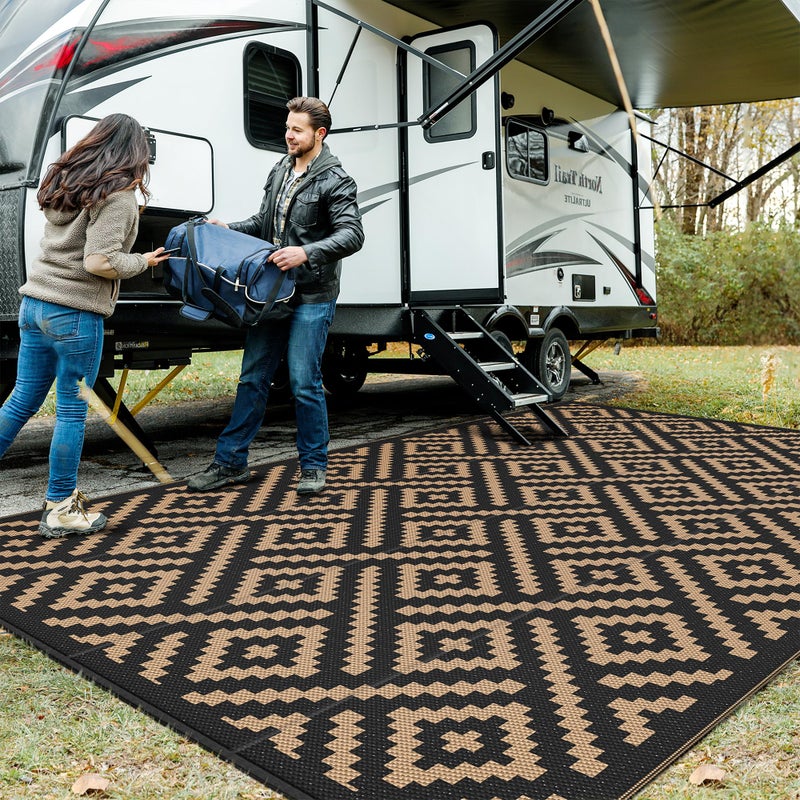 GENIMO Outdoor Rug for Patio Clearance 10x14 Waterproof Large Camping Mat Reversible Plastic Straw Rugs for RV Camper Balcony Backyard Picnic Deck Black Brown