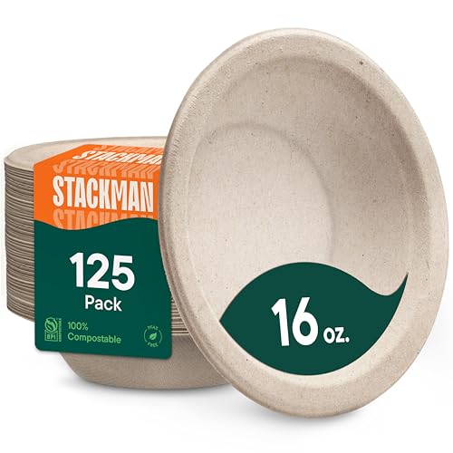 Stack Man Paper Bowls, 100% Compostable Disposable Soup Bowl [125-Pack] - {PFAS-Free} - {BPI Certified} - [16 oz] Heavy Duty, Eco-Friendly, Biodegradable Bagasse Hot Food Plates and Bowls - Natural Brown - Image 4