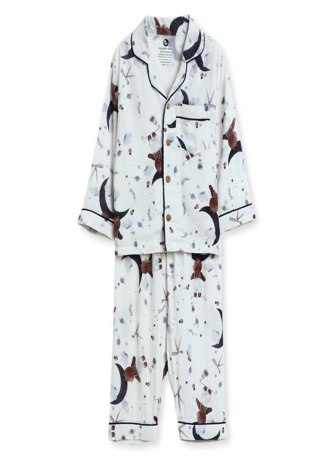 Cocoon Care Muslin Cotton Printed Night Suit for Boys and Girls | Sleepwear for Babies | Winter Pajama Set for Kids | Night wear for Baby | 18-24M | White - Image 1