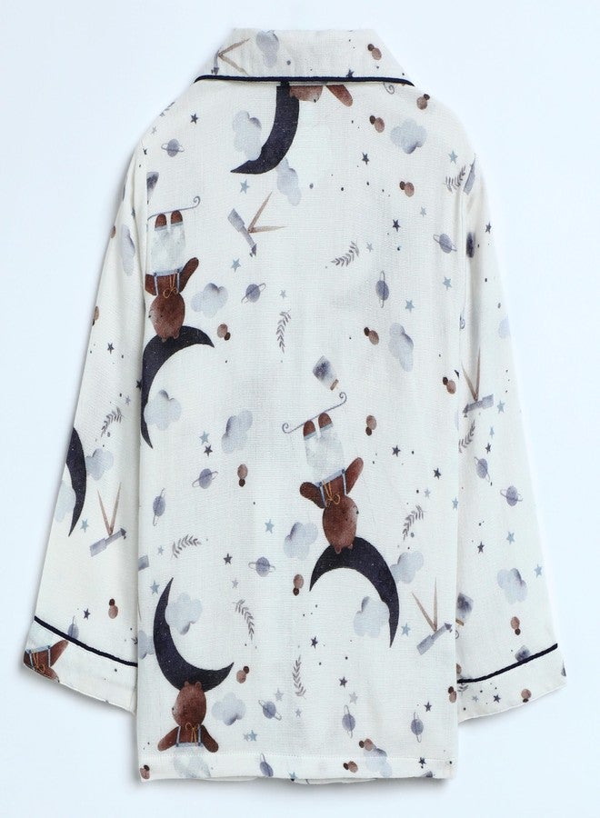 Cocoon Care Muslin Cotton Printed Night Suit for Boys and Girls | Sleepwear for Babies | Winter Pajama Set for Kids | Night wear for Baby | 18-24M | White - Image 2