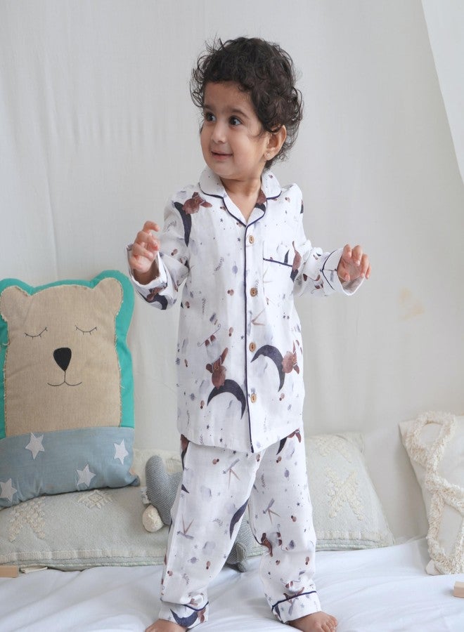 Cocoon Care Muslin Cotton Printed Night Suit for Boys and Girls | Sleepwear for Babies | Winter Pajama Set for Kids | Night wear for Baby | 18-24M | White - Image 3