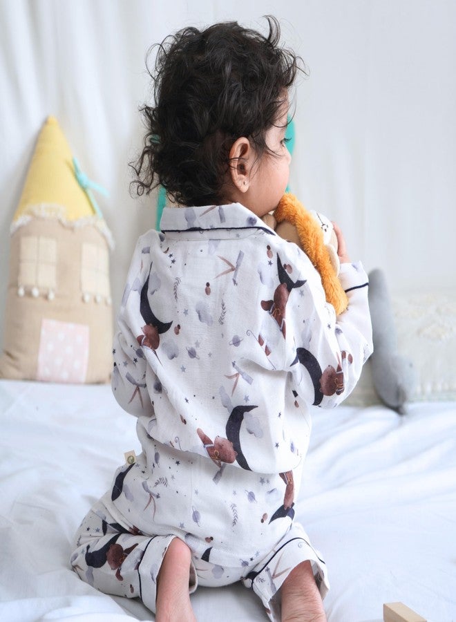 Cocoon Care Muslin Cotton Printed Night Suit for Boys and Girls | Sleepwear for Babies | Winter Pajama Set for Kids | Night wear for Baby | 18-24M | White - Image 4