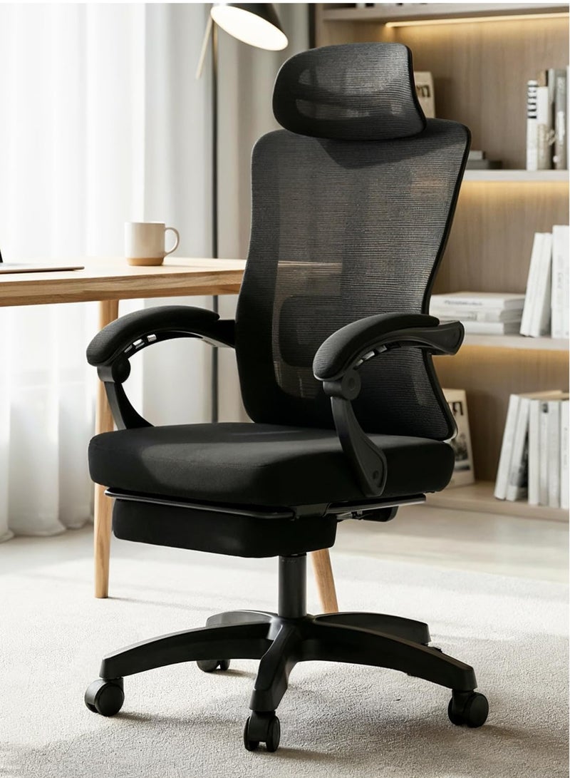 دراجو كرسي مكتب مريح للعمل من المنزل، كرسي كمبيوتر بظهر عالٍ مع مسند للقدمين، شبكة قابلة للتهوية، مسند ذراع قابل للربط، ارتفاع مقعد قابل للتعديل، مسند رأس، ودعم أسفل الظهر | كرسي مكتب مع إمكانية الاستلقاء | كرسي شبكي للمكتب، أسود - Image 1