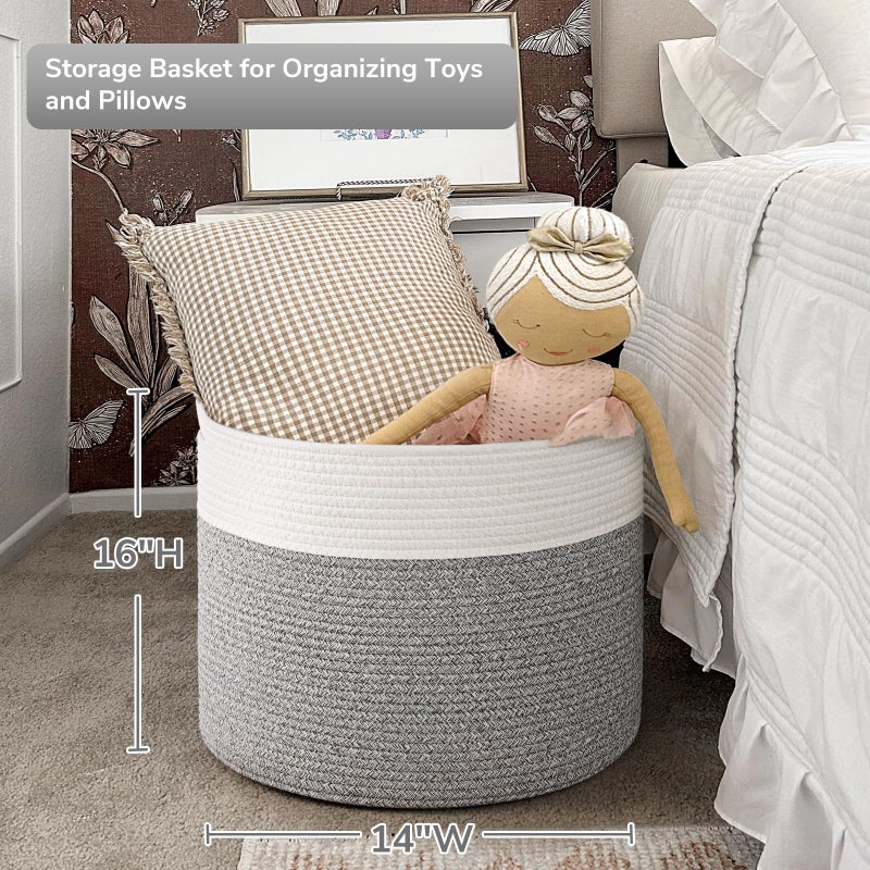 Goodpick Blanket Basket, 15.8"x15.8"x13.8" Woven Rope Basket for Blankets, Kids Toy Storage Organizer Bins, Toy Storage for Nursery, Light & Grey - Image 3